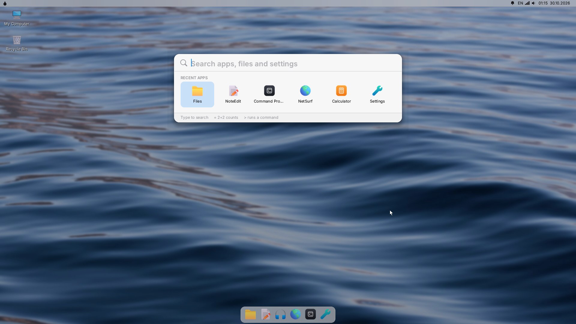 The Mizu desktop: top bar, dock and launcher