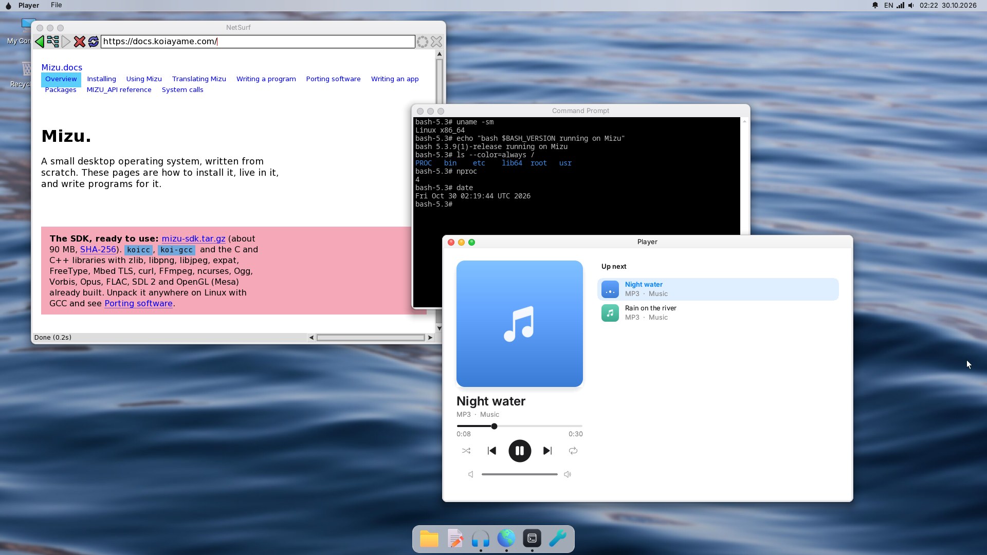 The Mizu desktop with several windows open over a water wallpaper